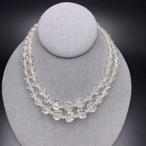 Marvella Clear Glass Bead Necklace Double Strand Faceted Beaded Collar Vintage - Picture 2 of 11
